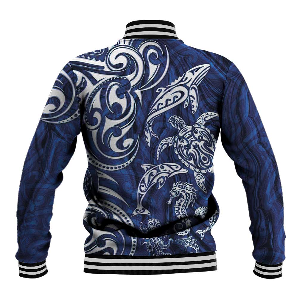 New Zealand Connecting with Seas Baseball Jacket Maori Tribal and Sea Animals Tattoo - White Glass Style LT03 - Polynesian Pride