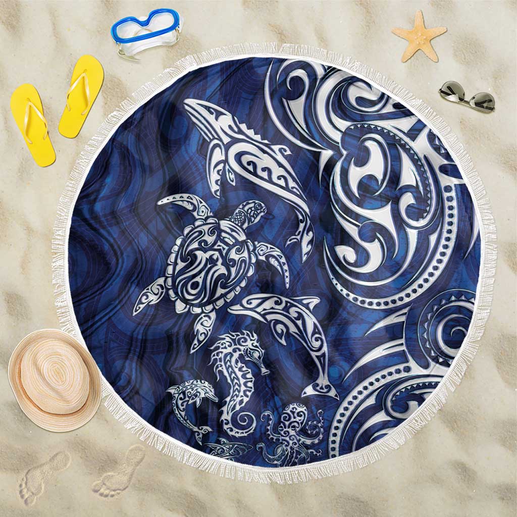New Zealand Connecting with Seas Beach Blanket Maori Tribal and Sea Animals Tattoo - White Glass Style LT03 One Size 150cm Navy - Polynesian Pride
