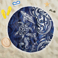 New Zealand Connecting with Seas Beach Blanket Maori Tribal and Sea Animals Tattoo - White Glass Style LT03 One Size 150cm Navy - Polynesian Pride