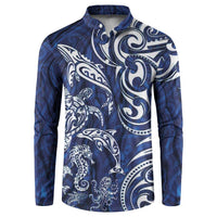 New Zealand Connecting with Seas Button Sweatshirt Maori Tribal and Sea Animals Tattoo - White Glass Style