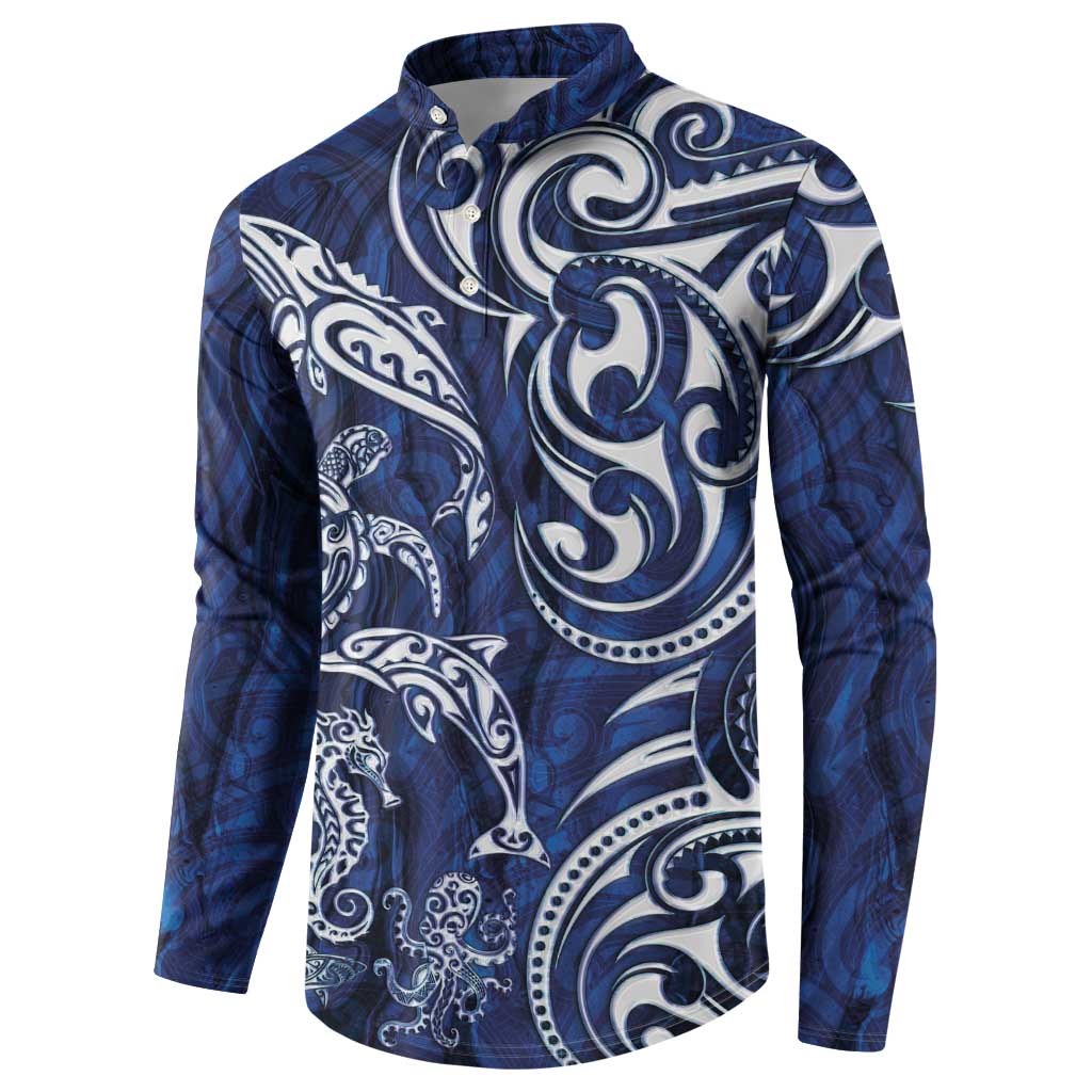 New Zealand Connecting with Seas Button Sweatshirt Maori Tribal and Sea Animals Tattoo - White Glass Style