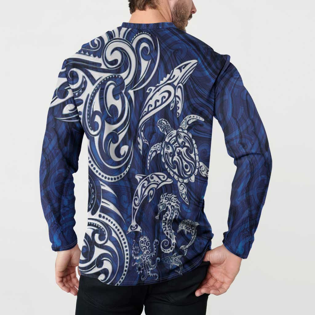New Zealand Connecting with Seas Button Sweatshirt Maori Tribal and Sea Animals Tattoo - White Glass Style