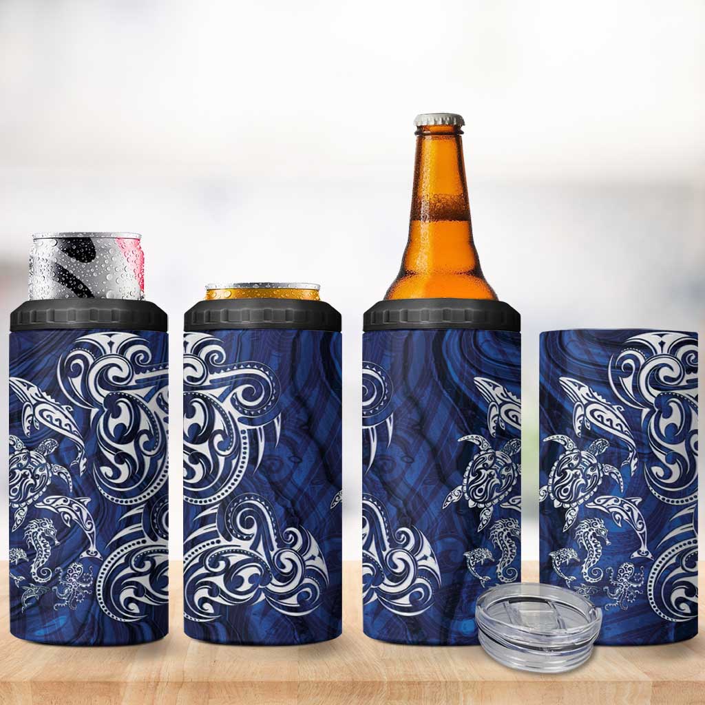 New Zealand Connecting with Seas 4 in 1 Can Cooler Tumbler Maori Tribal and Sea Animals Tattoo - White Glass Style LT03 - Polynesian Pride