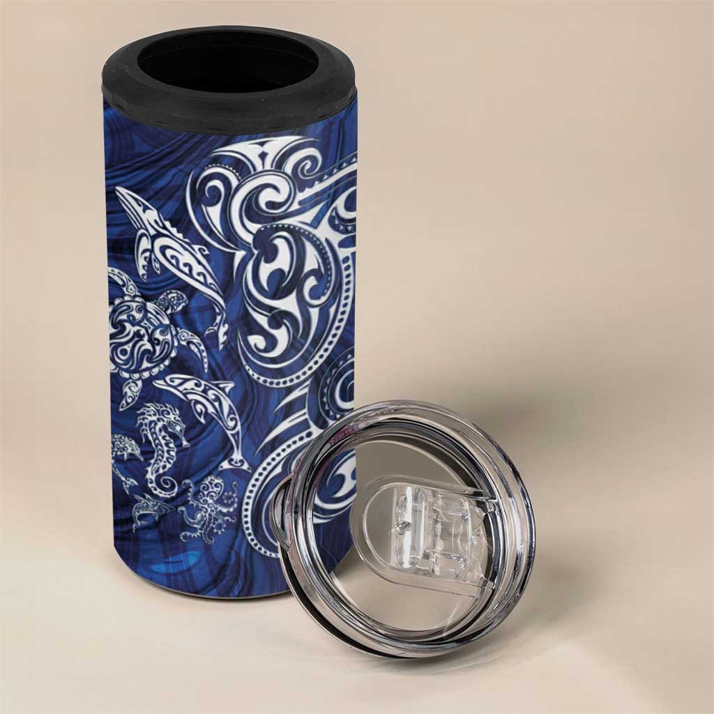 New Zealand Connecting with Seas 4 in 1 Can Cooler Tumbler Maori Tribal and Sea Animals Tattoo - White Glass Style LT03 - Polynesian Pride