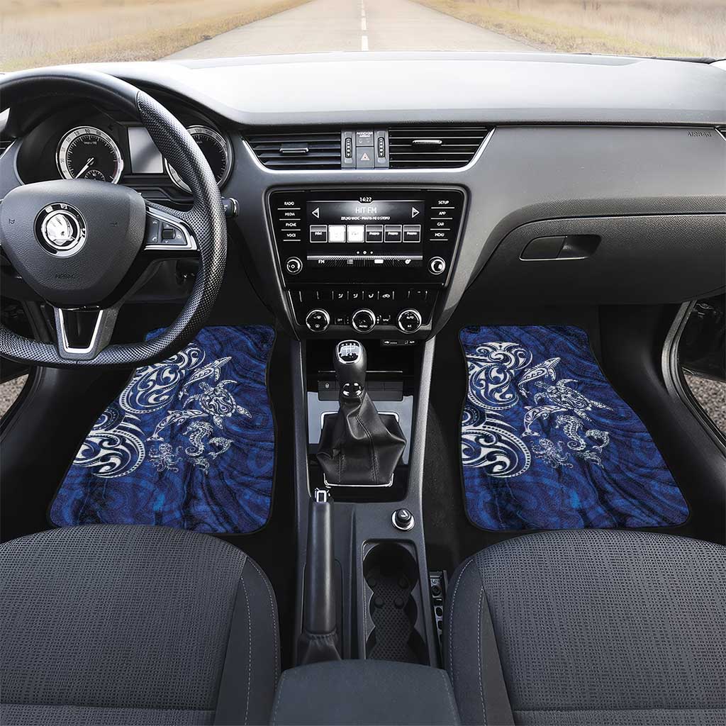 New Zealand Connecting with Seas Car Mats Maori Tribal and Sea Animals Tattoo - White Glass Style LT03 Set 2pcs - Front Navy - Polynesian Pride