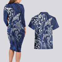 New Zealand Connecting with Seas Couples Matching Long Sleeve Bodycon Dress and Hawaiian Shirt Maori Tribal and Sea Animals Tattoo - White Glass Style LT03 - Polynesian Pride