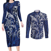 New Zealand Connecting with Seas Couples Matching Long Sleeve Bodycon Dress and Long Sleeve Button Shirt Maori Tribal and Sea Animals Tattoo - White Glass Style LT03 Navy - Polynesian Pride