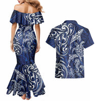 New Zealand Connecting with Seas Couples Matching Mermaid Dress and Hawaiian Shirt Maori Tribal and Sea Animals Tattoo - White Glass Style LT03 - Polynesian Pride