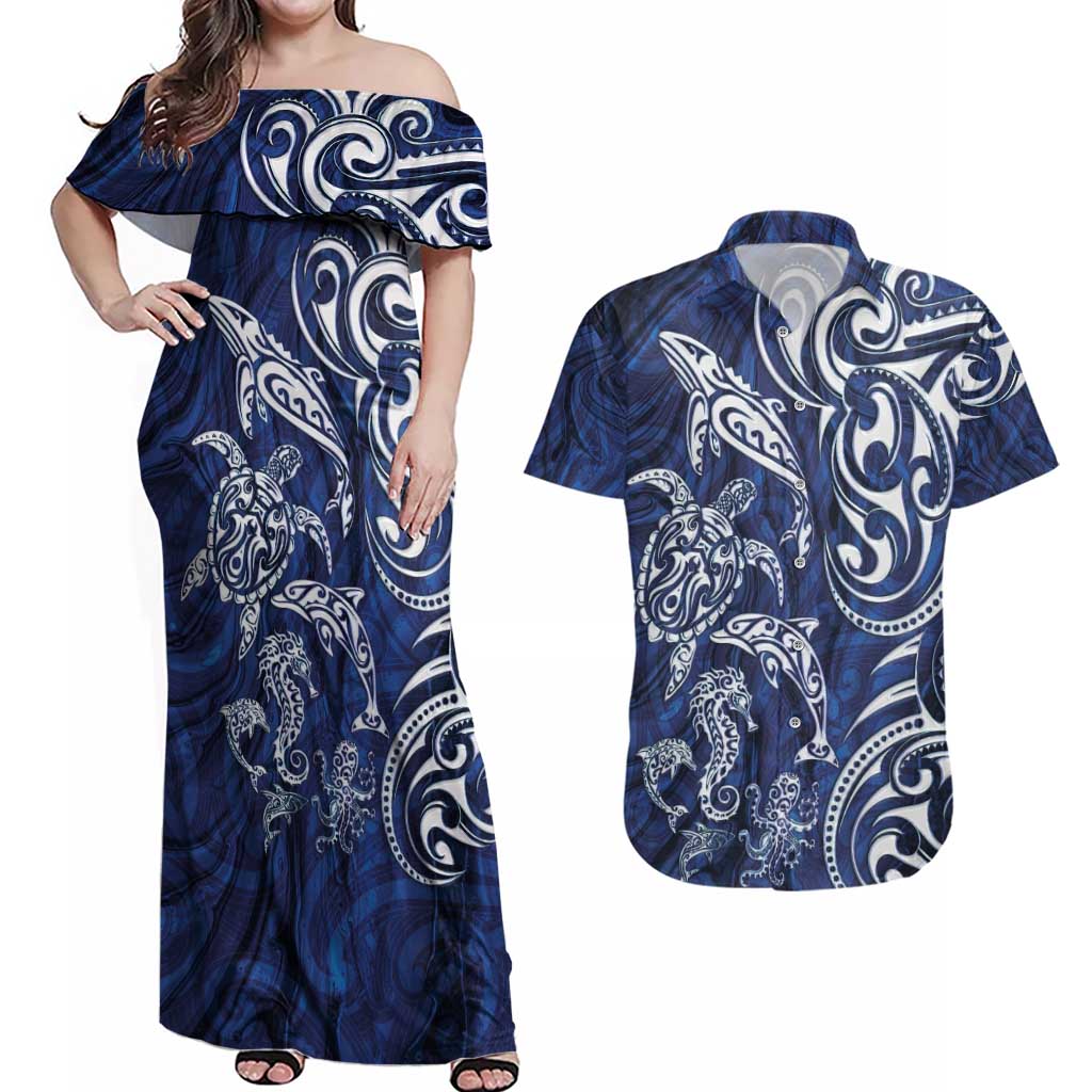 New Zealand Connecting with Seas Couples Matching Off Shoulder Maxi Dress and Hawaiian Shirt Maori Tribal and Sea Animals Tattoo - White Glass Style LT03 Navy - Polynesian Pride