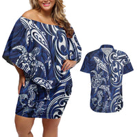 New Zealand Connecting with Seas Couples Matching Off Shoulder Short Dress and Hawaiian Shirt Maori Tribal and Sea Animals Tattoo - White Glass Style LT03 Navy - Polynesian Pride