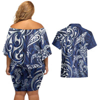 New Zealand Connecting with Seas Couples Matching Off Shoulder Short Dress and Hawaiian Shirt Maori Tribal and Sea Animals Tattoo - White Glass Style LT03 - Polynesian Pride