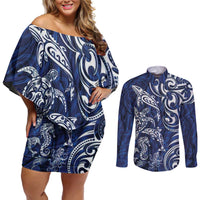 New Zealand Connecting with Seas Couples Matching Off Shoulder Short Dress and Long Sleeve Button Shirt Maori Tribal and Sea Animals Tattoo - White Glass Style LT03 Navy - Polynesian Pride