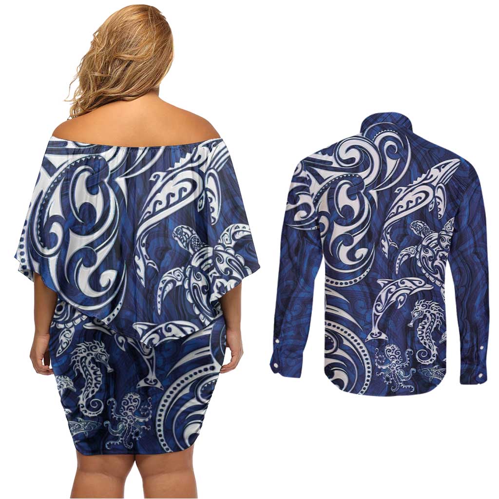 New Zealand Connecting with Seas Couples Matching Off Shoulder Short Dress and Long Sleeve Button Shirt Maori Tribal and Sea Animals Tattoo - White Glass Style LT03 - Polynesian Pride