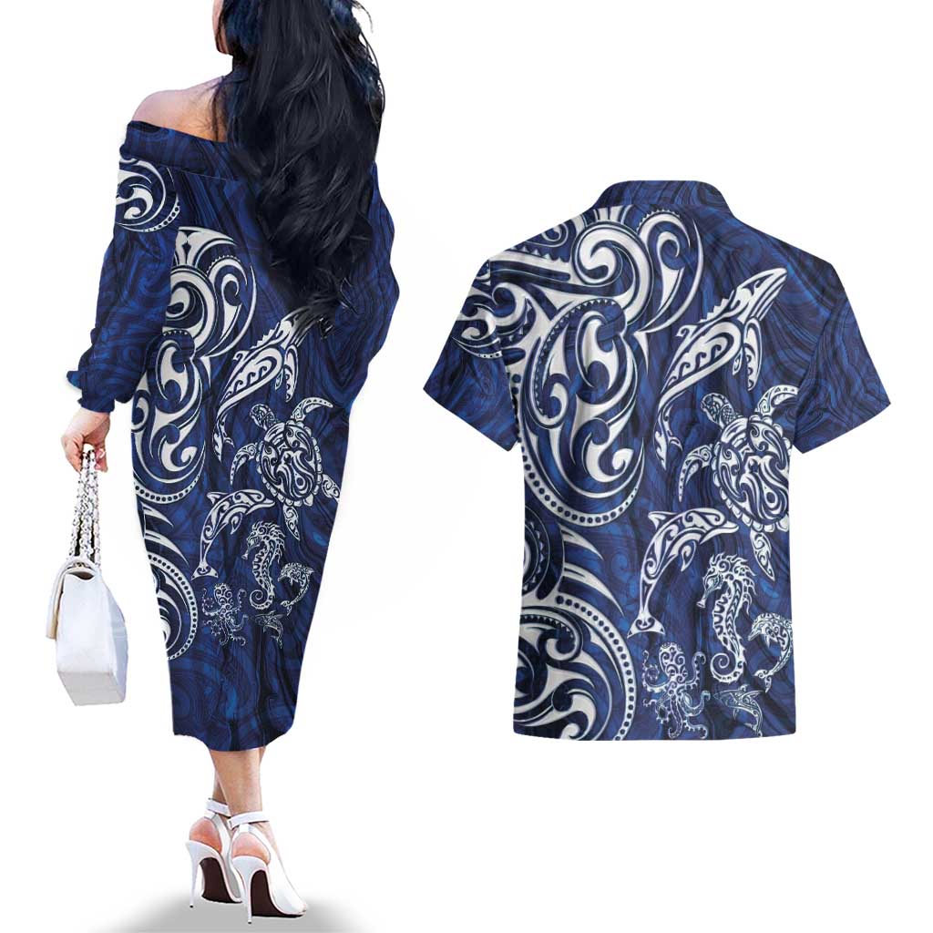 New Zealand Connecting with Seas Couples Matching Off The Shoulder Long Sleeve Dress and Hawaiian Shirt Maori Tribal and Sea Animals Tattoo - White Glass Style LT03 - Polynesian Pride