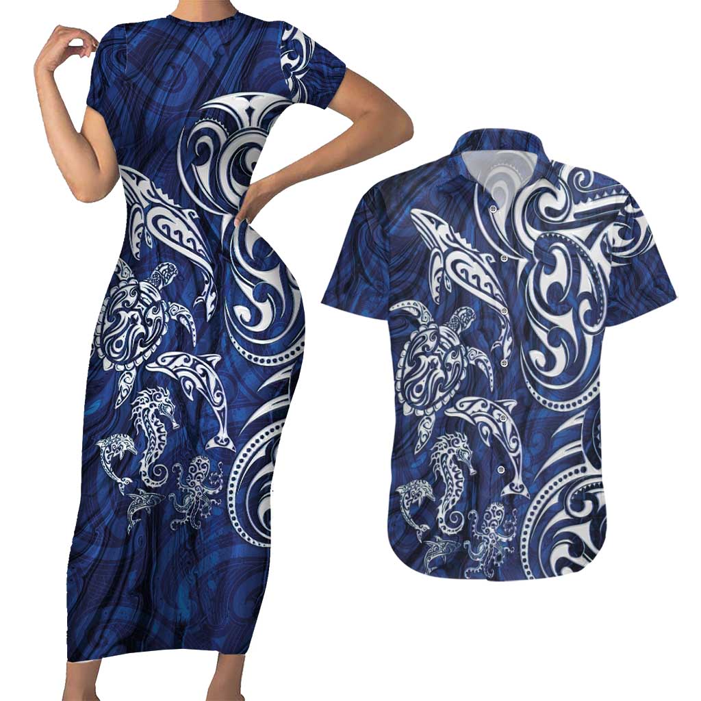 New Zealand Connecting with Seas Couples Matching Short Sleeve Bodycon Dress and Hawaiian Shirt Maori Tribal and Sea Animals Tattoo - White Glass Style LT03 Navy - Polynesian Pride