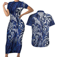 New Zealand Connecting with Seas Couples Matching Short Sleeve Bodycon Dress and Hawaiian Shirt Maori Tribal and Sea Animals Tattoo - White Glass Style LT03 Navy - Polynesian Pride