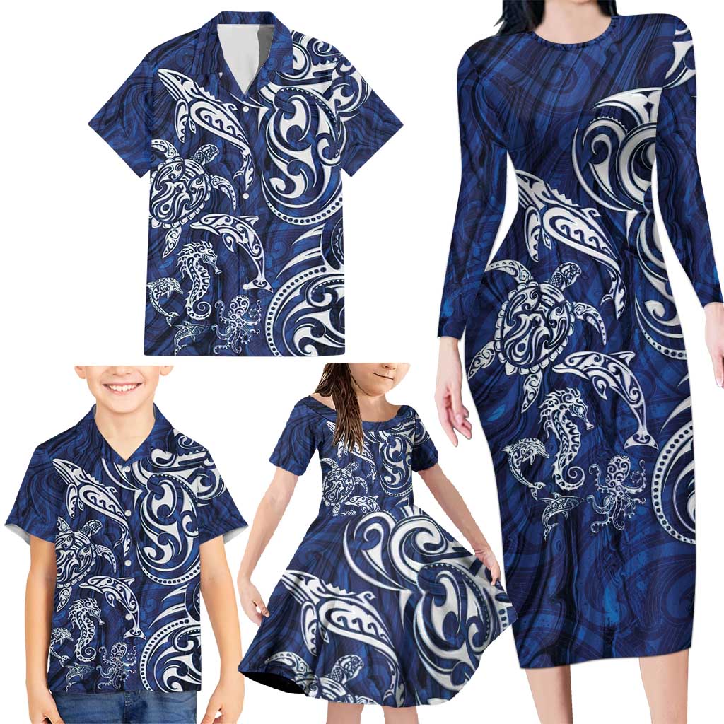 New Zealand Connecting with Seas Family Matching Long Sleeve Bodycon Dress and Hawaiian Shirt Maori Tribal and Sea Animals Tattoo - White Glass Style LT03 - Polynesian Pride