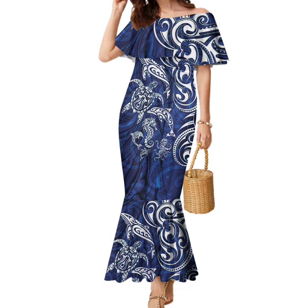 New Zealand Connecting with Seas Family Matching Mermaid Dress and Hawaiian Shirt Maori Tribal and Sea Animals Tattoo - White Glass Style LT03 Mom's Dress Navy - Polynesian Pride
