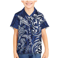 New Zealand Connecting with Seas Family Matching Mermaid Dress and Hawaiian Shirt Maori Tribal and Sea Animals Tattoo - White Glass Style LT03 Son's Shirt Navy - Polynesian Pride