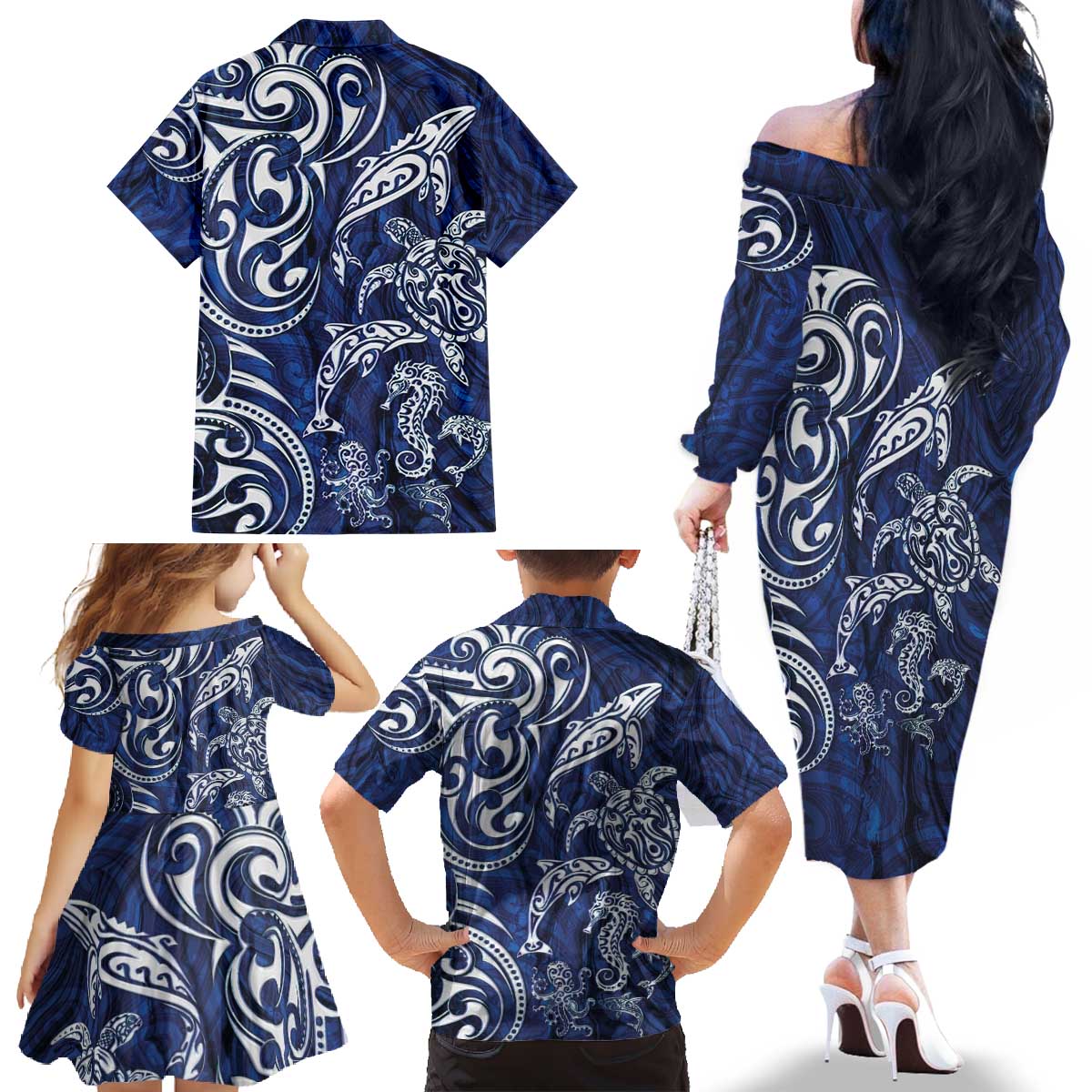 New Zealand Connecting with Seas Family Matching Off The Shoulder Long Sleeve Dress and Hawaiian Shirt Maori Tribal and Sea Animals Tattoo - White Glass Style LT03 - Polynesian Pride