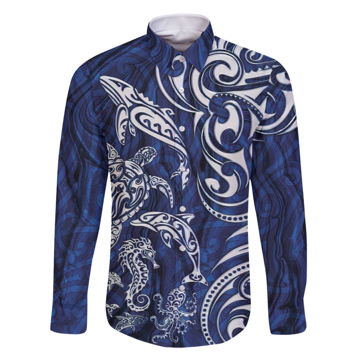 New Zealand Connecting with Seas Family Matching Off The Shoulder Long Sleeve Dress and Hawaiian Shirt Maori Tribal and Sea Animals Tattoo - White Glass Style LT03 Dad's Shirt - Long Sleeve Navy - Polynesian Pride