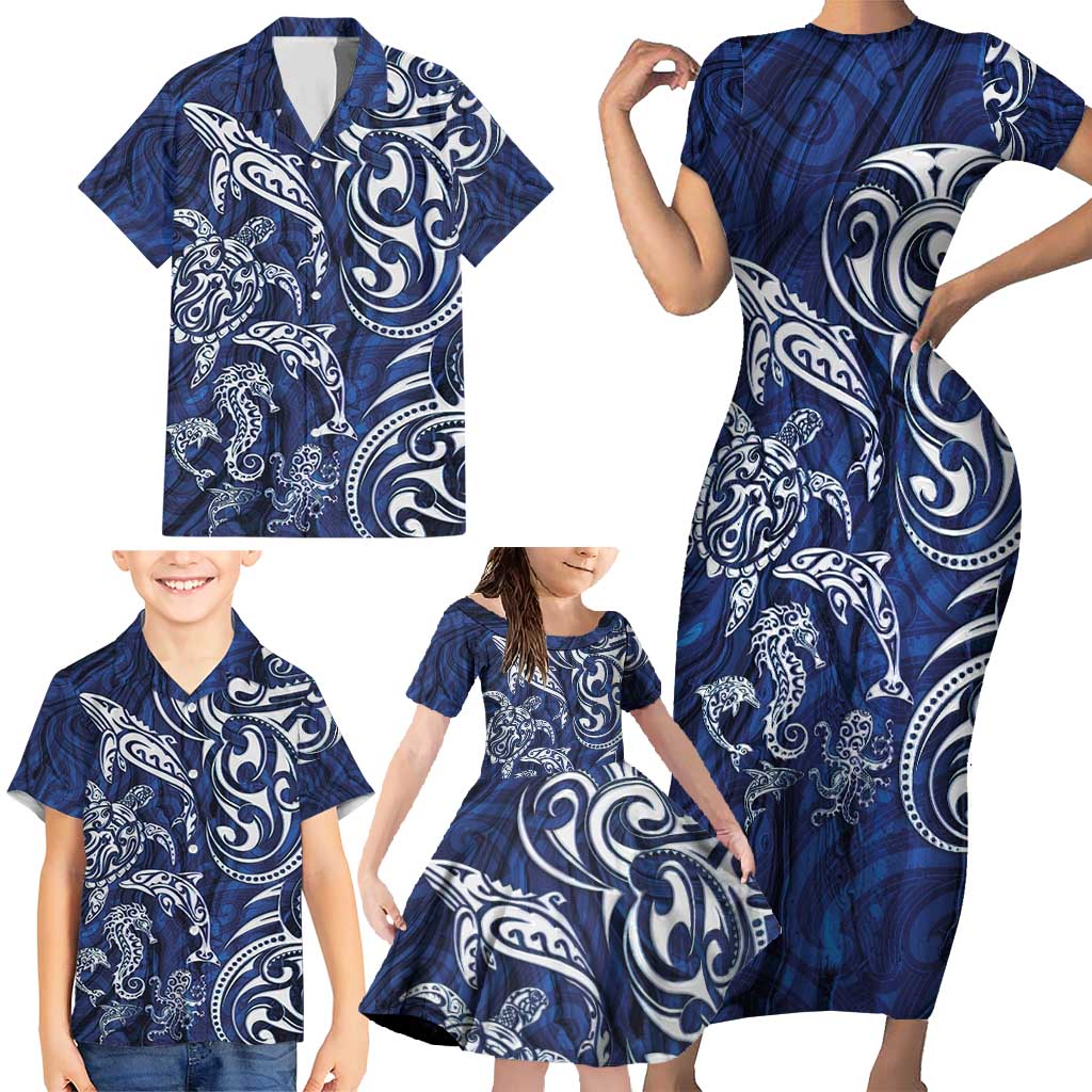 New Zealand Connecting with Seas Family Matching Short Sleeve Bodycon Dress and Hawaiian Shirt Maori Tribal and Sea Animals Tattoo - White Glass Style LT03 - Polynesian Pride