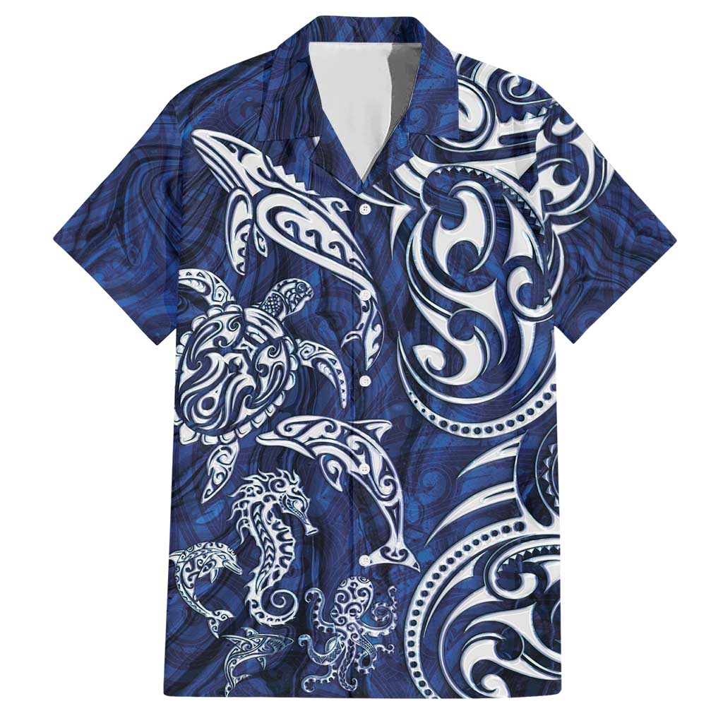 New Zealand Connecting with Seas Family Matching Short Sleeve Bodycon Dress and Hawaiian Shirt Maori Tribal and Sea Animals Tattoo - White Glass Style LT03 Dad's Shirt - Short Sleeve Navy - Polynesian Pride