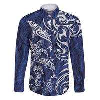 New Zealand Connecting with Seas Family Matching Short Sleeve Bodycon Dress and Hawaiian Shirt Maori Tribal and Sea Animals Tattoo - White Glass Style LT03 Dad's Shirt - Long Sleeve Navy - Polynesian Pride