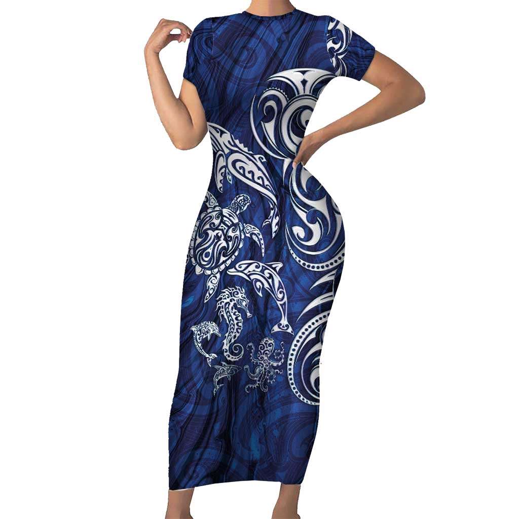 New Zealand Connecting with Seas Family Matching Short Sleeve Bodycon Dress and Hawaiian Shirt Maori Tribal and Sea Animals Tattoo - White Glass Style LT03 Mom's Dress Navy - Polynesian Pride