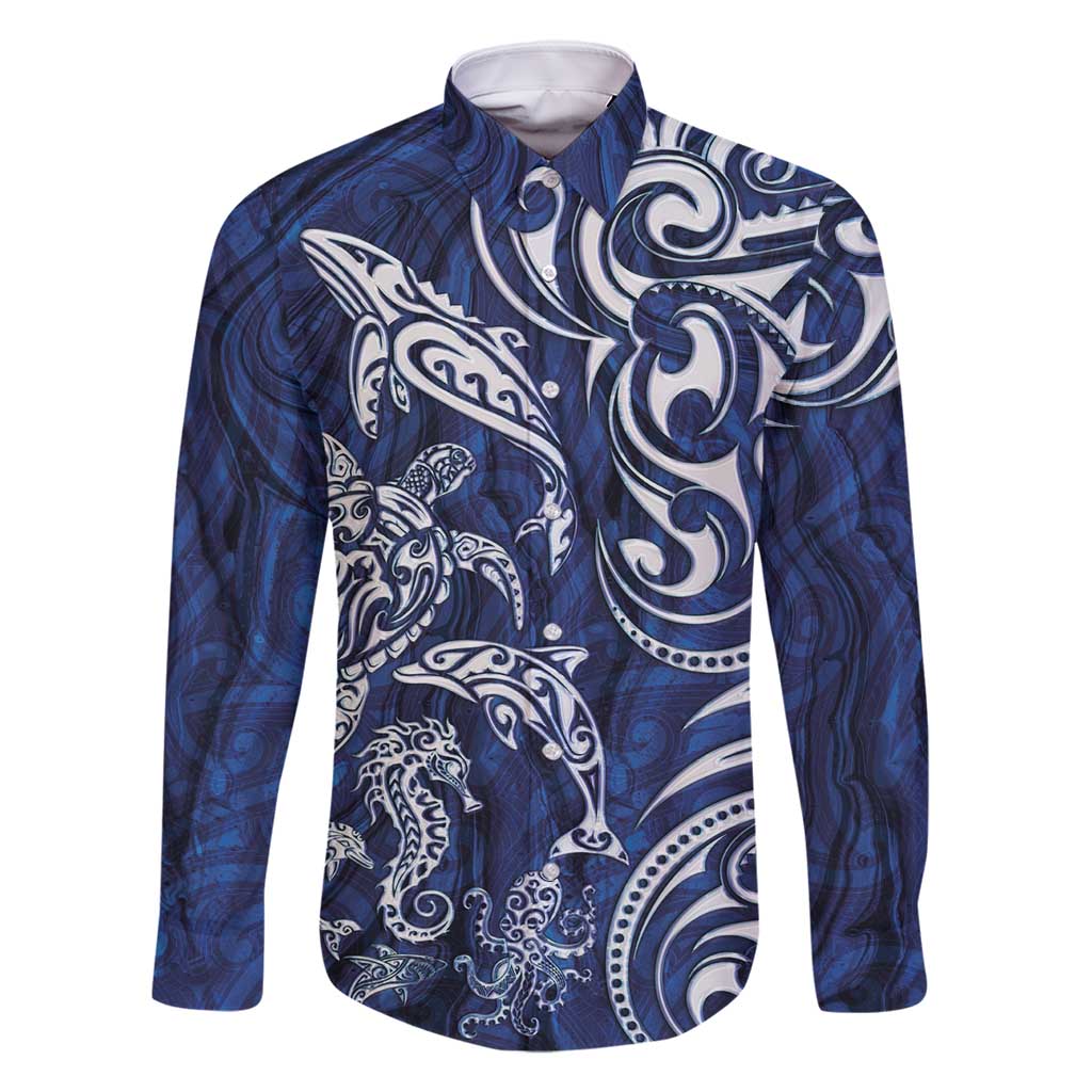 New Zealand Connecting with Seas Family Matching Summer Maxi Dress and Hawaiian Shirt Maori Tribal and Sea Animals Tattoo - White Glass Style LT03 Dad's Shirt - Long Sleeve Navy - Polynesian Pride