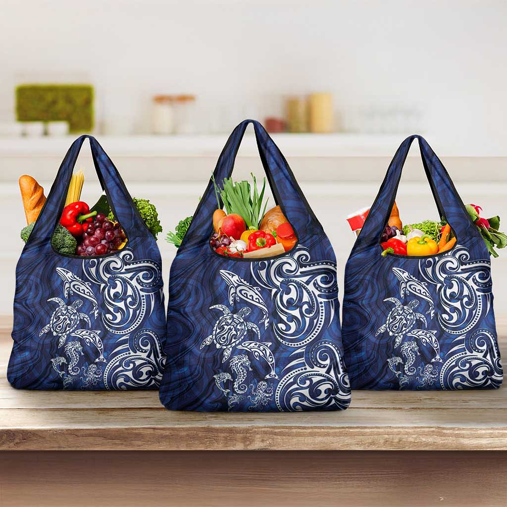New Zealand Connecting with Seas Grocery Bag Maori Tribal and Sea Animals Tattoo - White Glass Style LT03 3-pack One Size Navy - Polynesian Pride