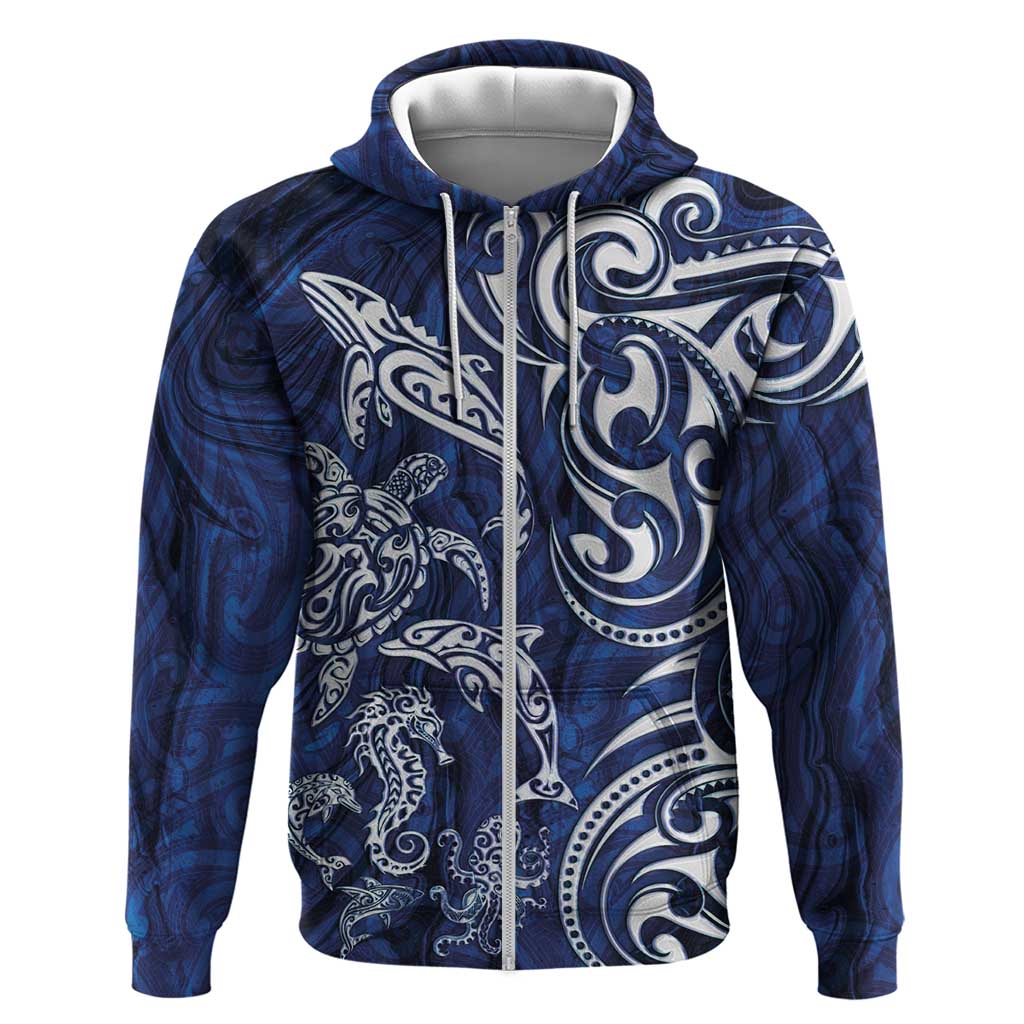 New Zealand Connecting with Seas Hoodie Maori Tribal and Sea Animals Tattoo - White Glass Style LT03 Zip Hoodie Navy - Polynesian Pride