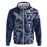 New Zealand Connecting with Seas Hoodie Maori Tribal and Sea Animals Tattoo - White Glass Style LT03 Zip Hoodie Navy - Polynesian Pride
