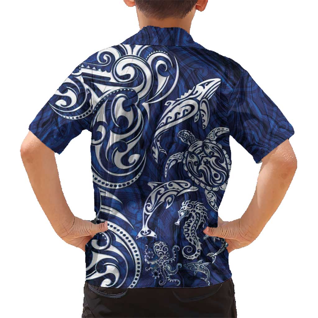 New Zealand Connecting with Seas Kid Hawaiian Shirt Maori Tribal and Sea Animals Tattoo - White Glass Style LT03 - Polynesian Pride