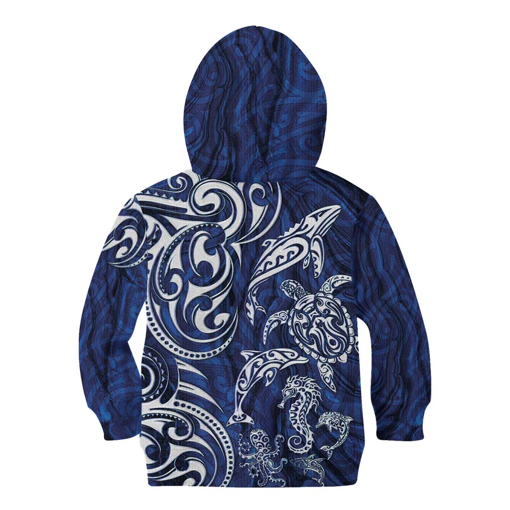 New Zealand Connecting with Seas Kid Hoodie Maori Tribal and Sea Animals Tattoo - White Glass Style LT03 - Polynesian Pride