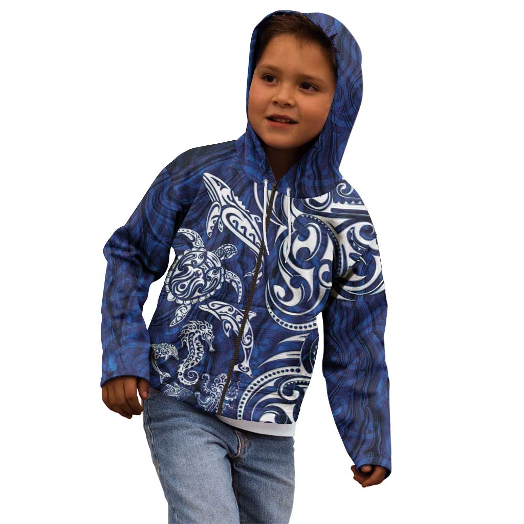 New Zealand Connecting with Seas Kid Hoodie Maori Tribal and Sea Animals Tattoo - White Glass Style LT03 - Polynesian Pride