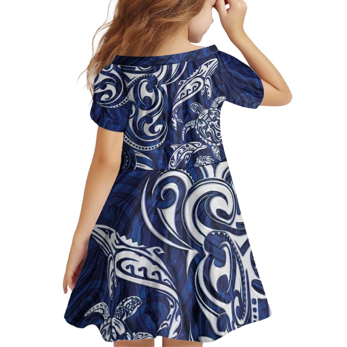 New Zealand Connecting with Seas Kid Short Sleeve Dress Maori Tribal and Sea Animals Tattoo - White Glass Style LT03 - Polynesian Pride