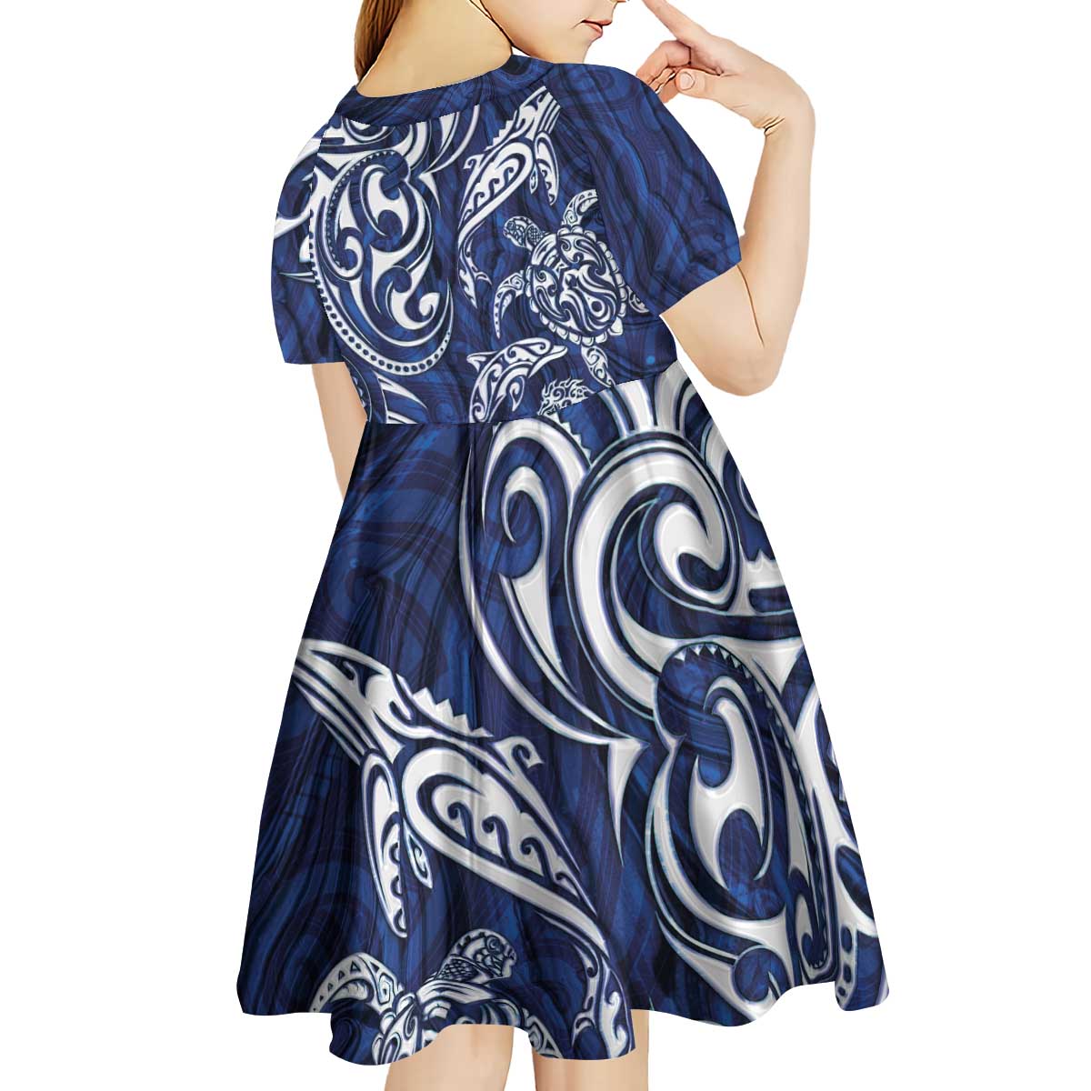New Zealand Connecting with Seas Kid Short Sleeve Dress Maori Tribal and Sea Animals Tattoo - White Glass Style LT03 - Polynesian Pride