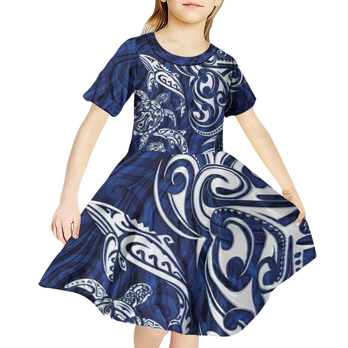 New Zealand Connecting with Seas Kid Short Sleeve Dress Maori Tribal and Sea Animals Tattoo - White Glass Style LT03 - Polynesian Pride
