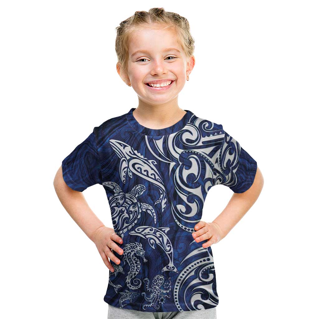 New Zealand Connecting with Seas Kid T Shirt Maori Tribal and Sea Animals Tattoo - White Glass Style LT03 Navy - Polynesian Pride