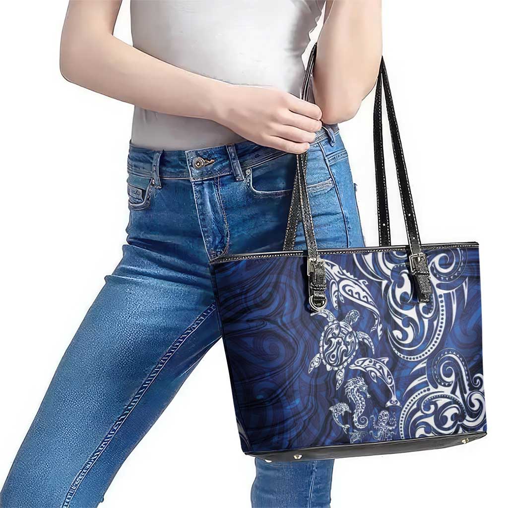 New Zealand Connecting with Seas Leather Tote Bag Maori Tribal and Sea Animals Tattoo - White Glass Style LT03 - Polynesian Pride