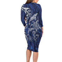 New Zealand Connecting with Seas Long Sleeve Bodycon Dress Maori Tribal and Sea Animals Tattoo - White Glass Style LT03 - Polynesian Pride