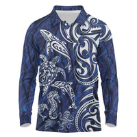 New Zealand Connecting with Seas Long Sleeve Polo Shirt Maori Tribal and Sea Animals Tattoo - White Glass Style
