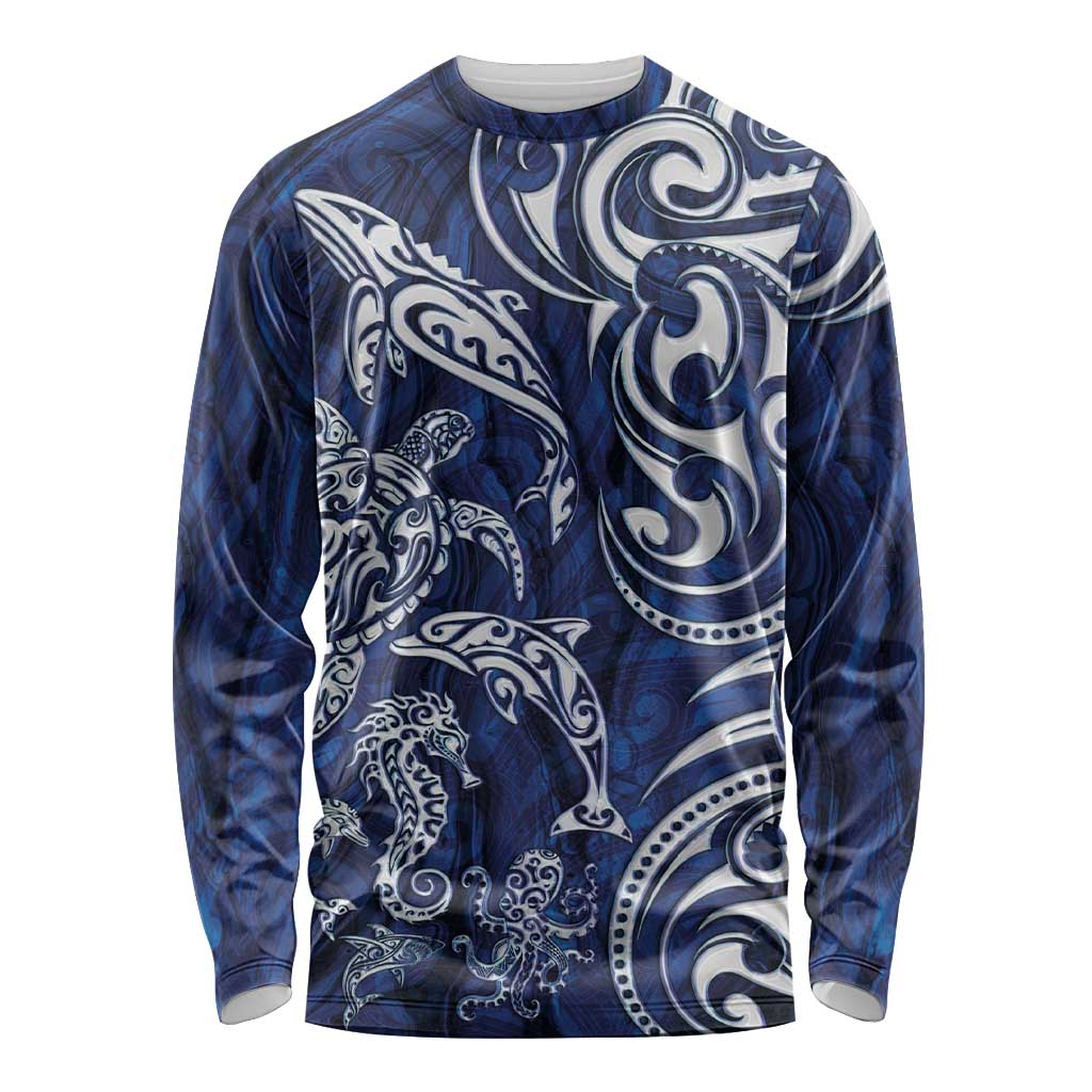 New Zealand Connecting with Seas Long Sleeve Shirt Maori Tribal and Sea Animals Tattoo - White Glass Style
