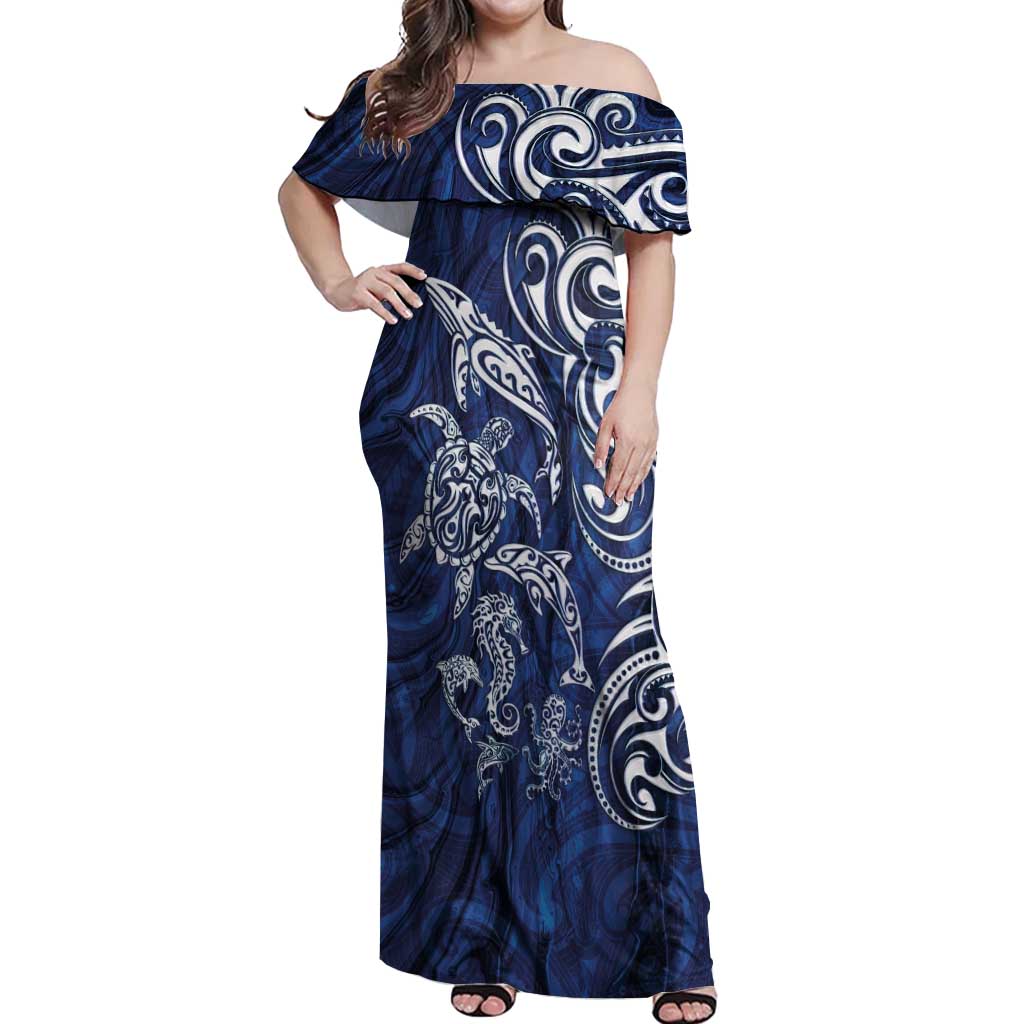 New Zealand Connecting with Seas Off Shoulder Maxi Dress Maori Tribal and Sea Animals Tattoo - White Glass Style