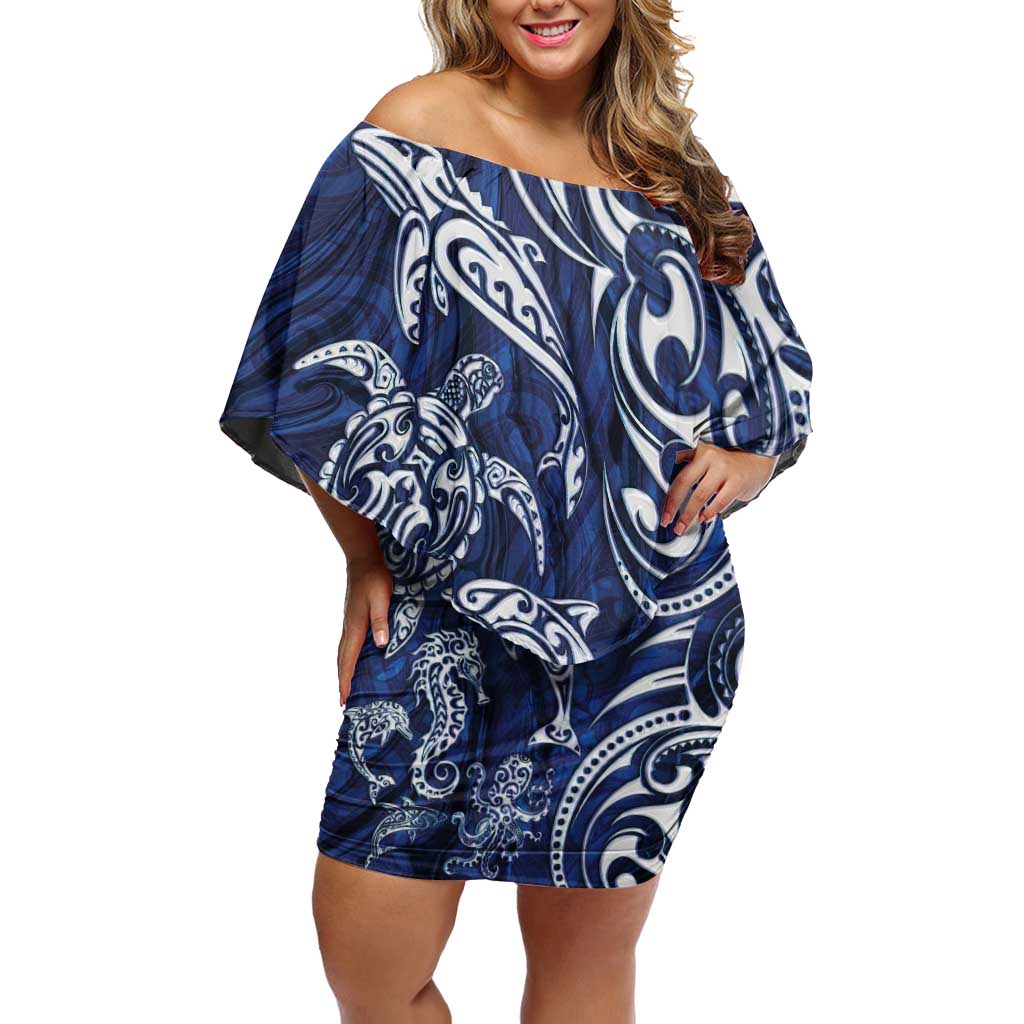 New Zealand Connecting with Seas Off Shoulder Short Dress Maori Tribal and Sea Animals Tattoo - White Glass Style LT03 Women Navy - Polynesian Pride