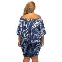 New Zealand Connecting with Seas Off Shoulder Short Dress Maori Tribal and Sea Animals Tattoo - White Glass Style LT03 - Polynesian Pride