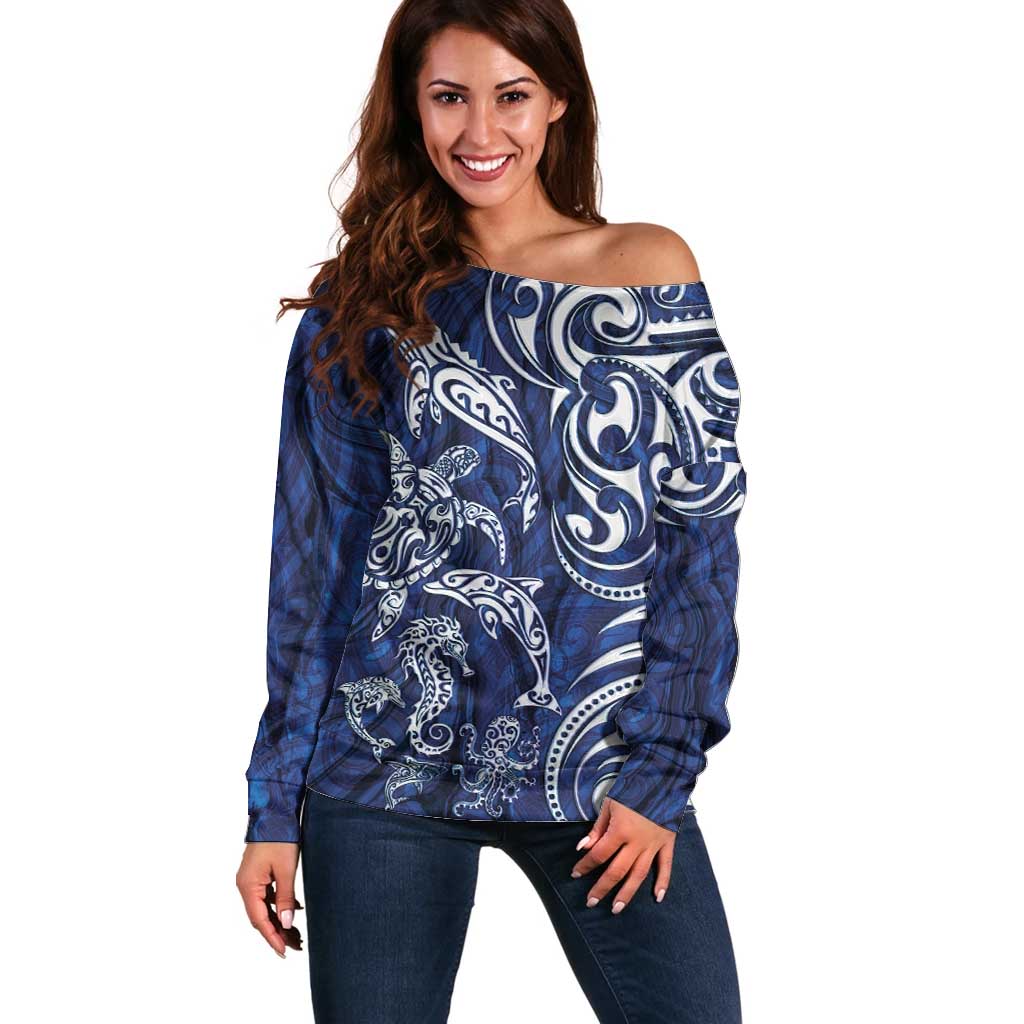 New Zealand Connecting with Seas Off Shoulder Sweater Maori Tribal and Sea Animals Tattoo - White Glass Style LT03 Women Navy - Polynesian Pride
