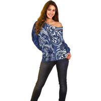 New Zealand Connecting with Seas Off Shoulder Sweater Maori Tribal and Sea Animals Tattoo - White Glass Style LT03 - Polynesian Pride