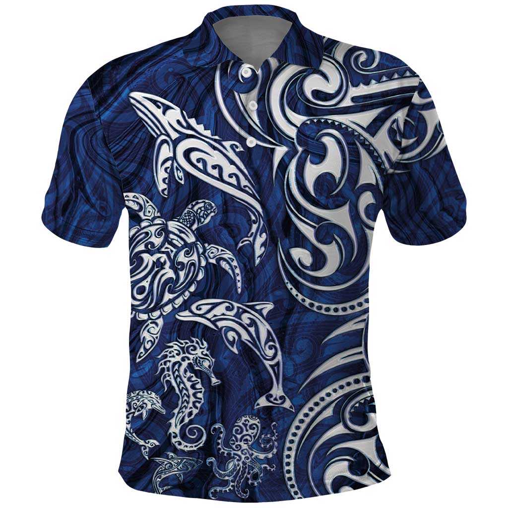 New Zealand Connecting with Seas Polo Shirt Maori Tribal and Sea Animals Tattoo - White Glass Style